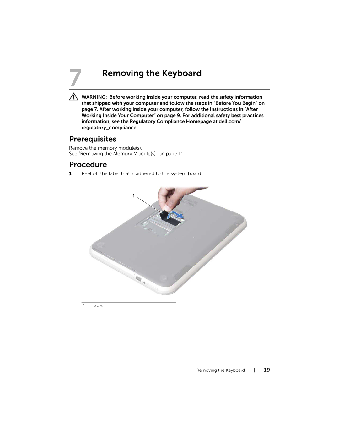 Dell 5423 owner manual Removing the Keyboard 