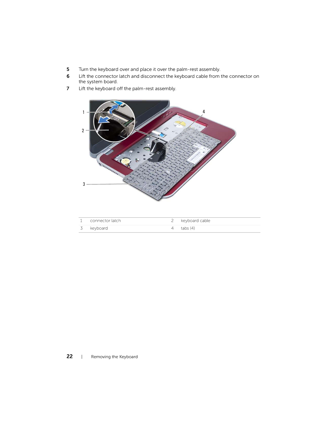 Dell 5423 owner manual Connector latch Keyboard cable Tabs Removing the Keyboard 