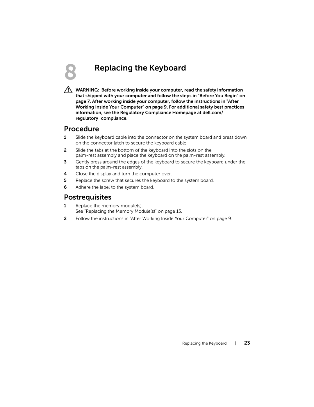 Dell 5423 owner manual Replacing the Keyboard 