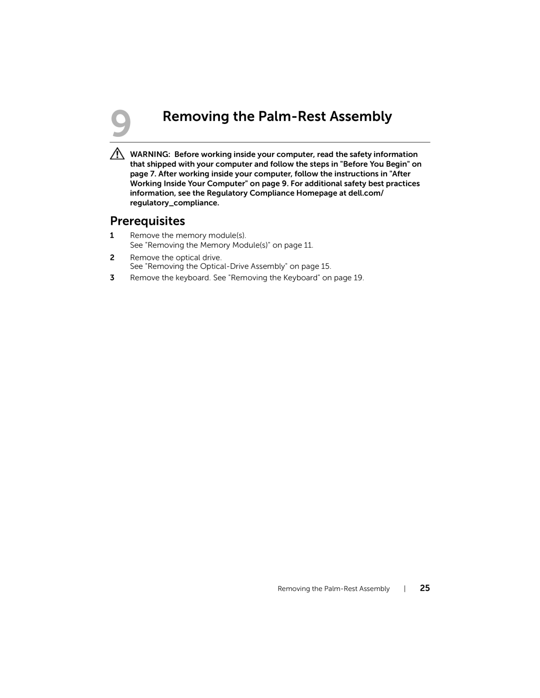 Dell 5423 owner manual Removing the Palm-Rest Assembly 