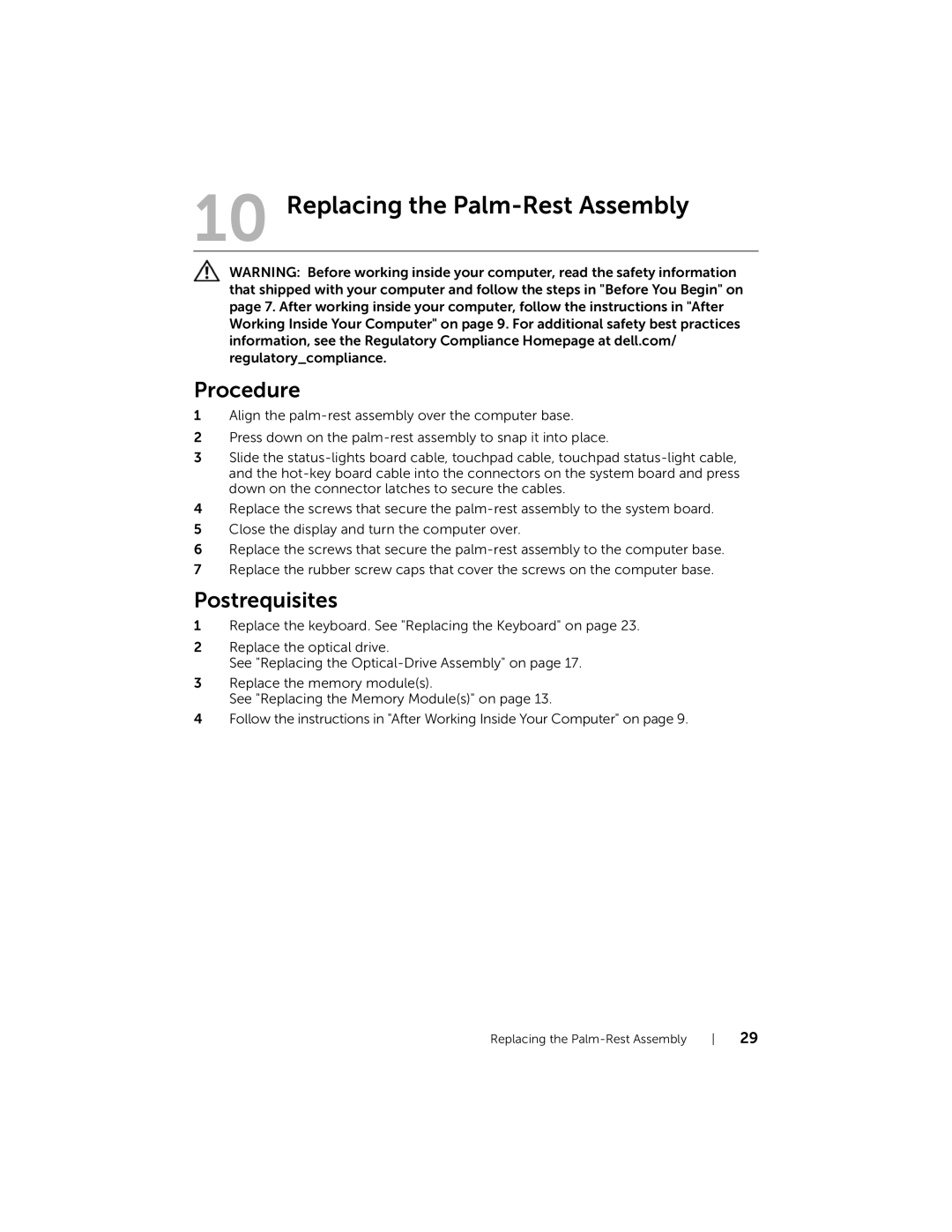 Dell 5423 owner manual Replacing the Palm-Rest Assembly 