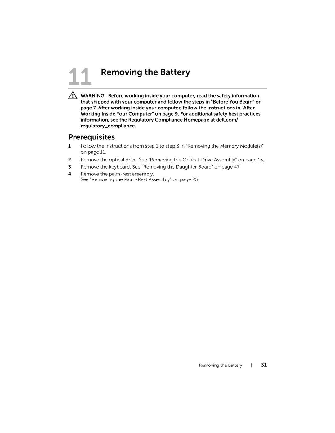 Dell 5423 owner manual Removing the Battery 