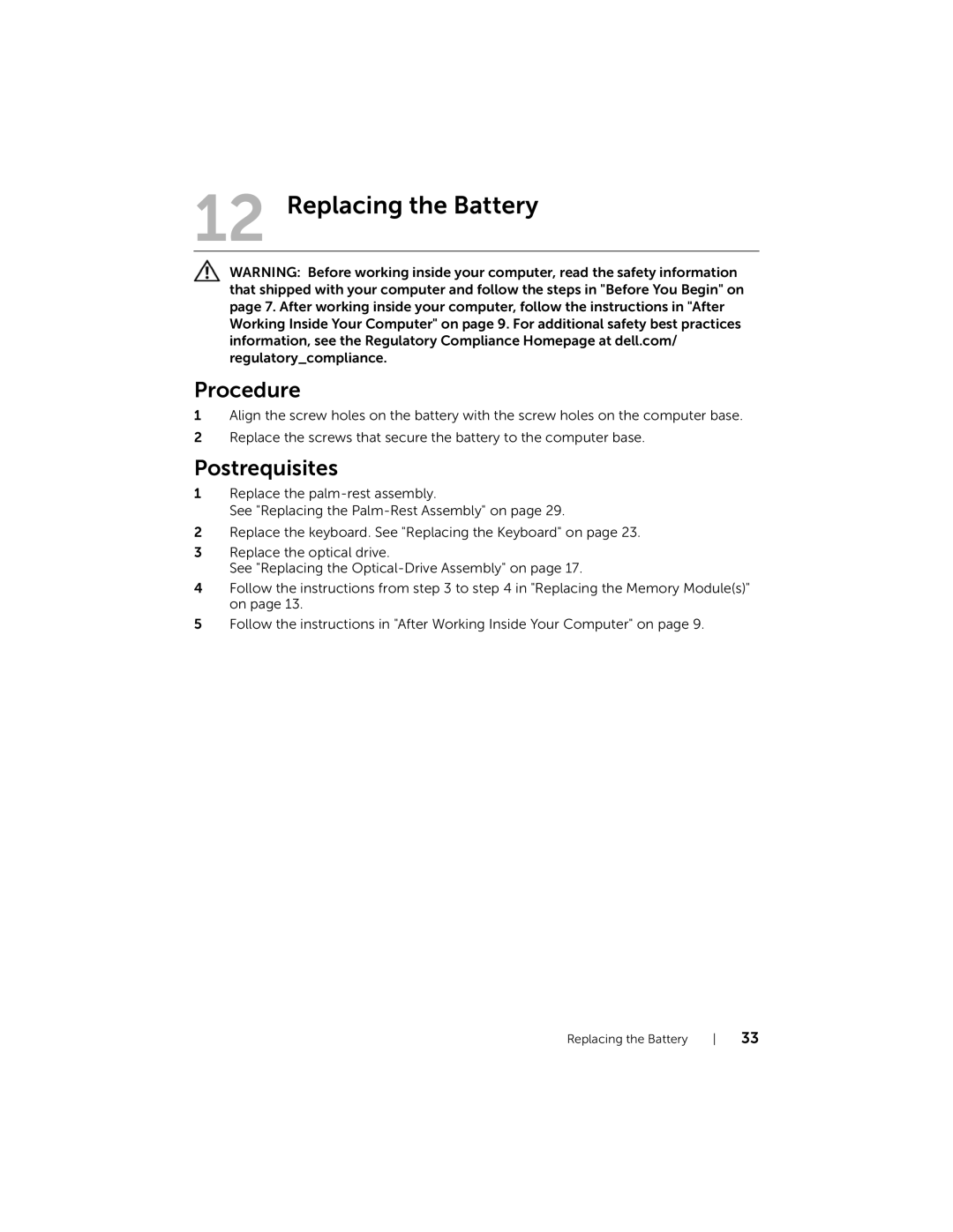 Dell 5423 owner manual Replacing the Battery 