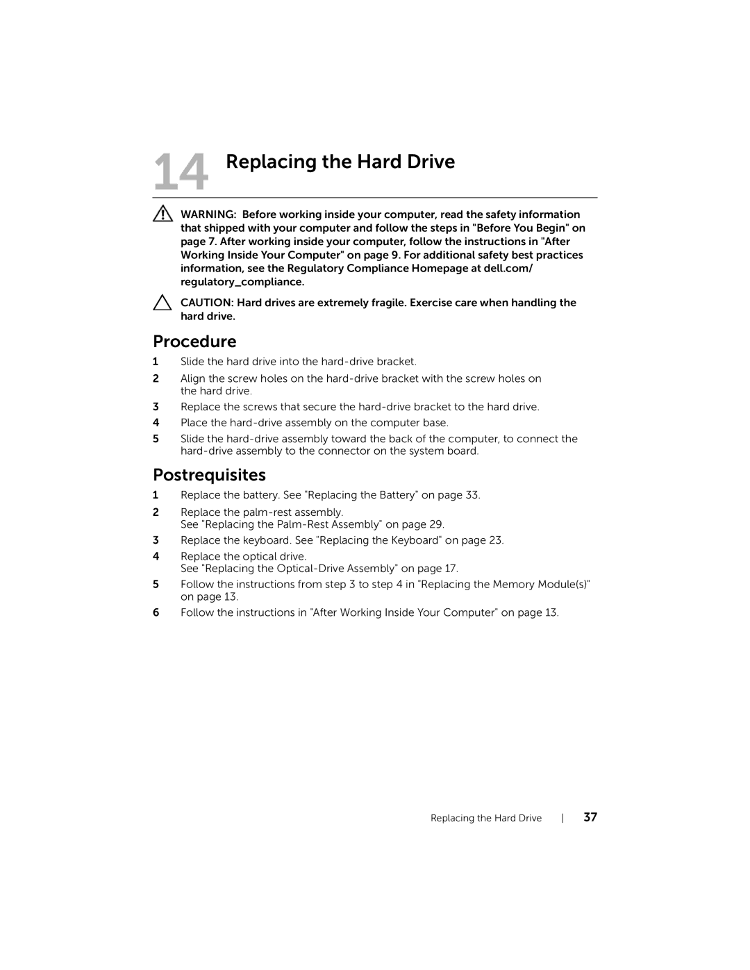 Dell 5423 owner manual Replacing the Hard Drive 