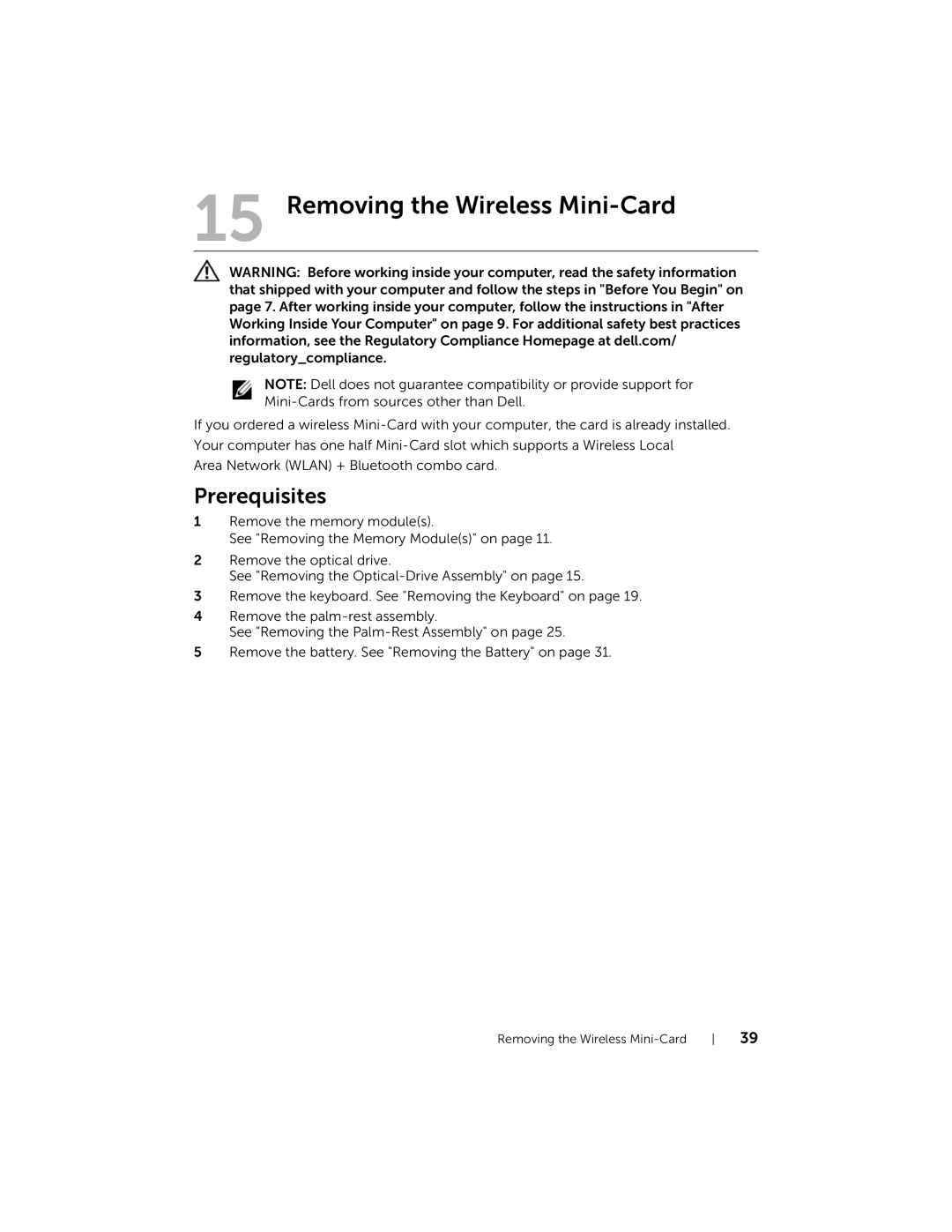 Dell 5423 owner manual Removing the Wireless Mini-Card 