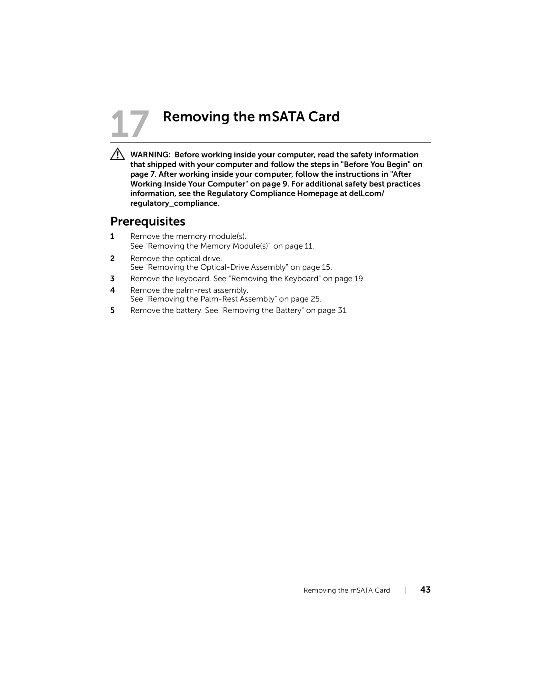 Dell 5423 owner manual Removing the mSATA Card 