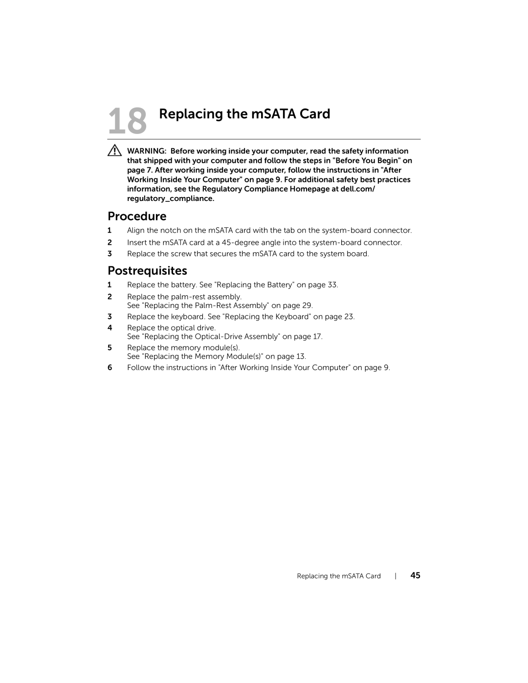 Dell 5423 owner manual Replacing the mSATA Card 