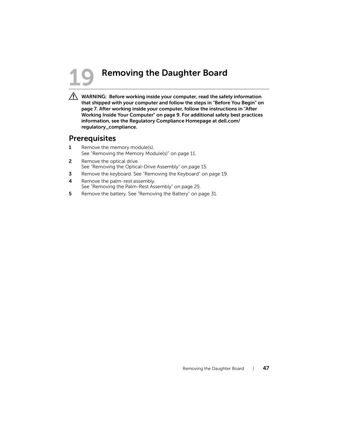 Dell 5423 owner manual Removing the Daughter Board 