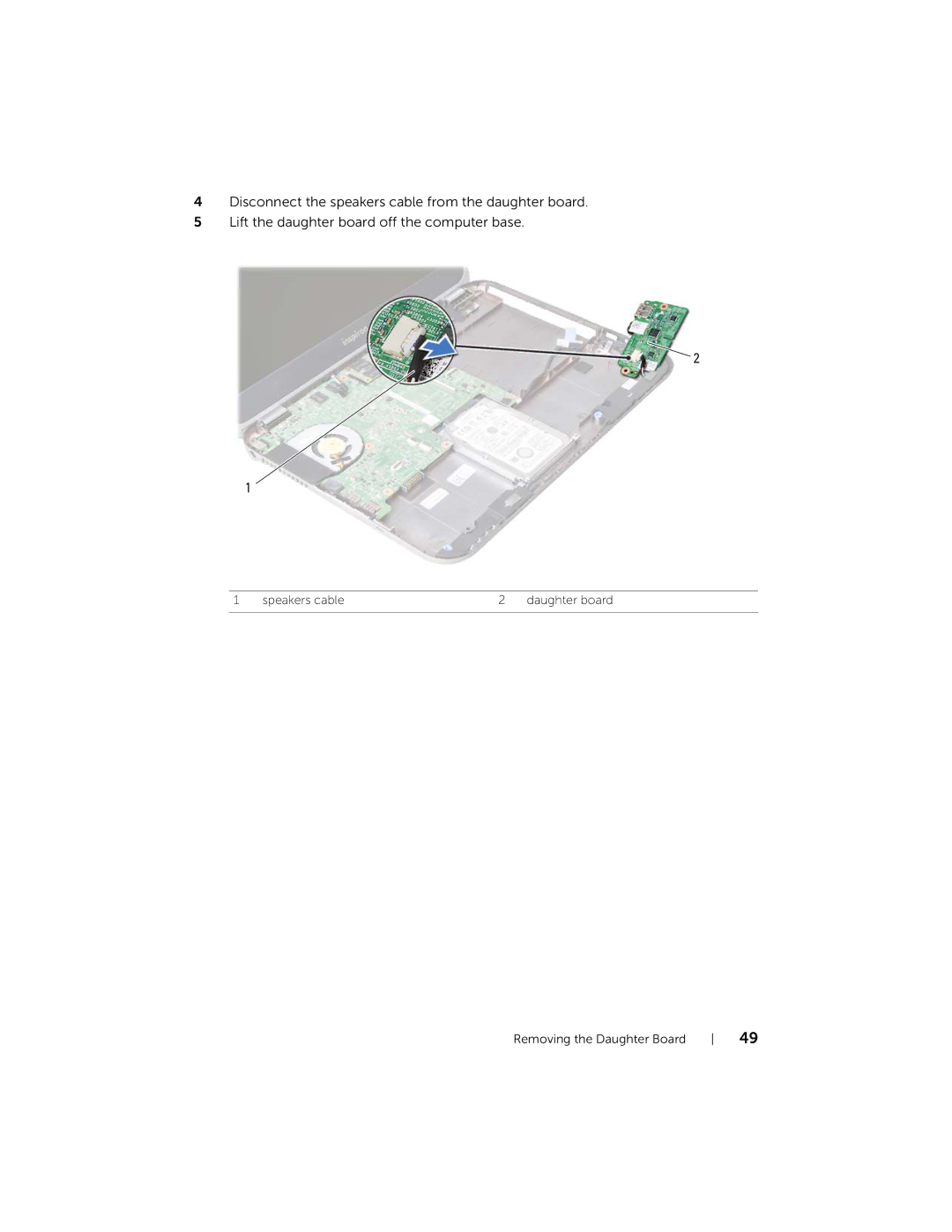 Dell 5423 owner manual Speakers cable Daughter board Removing the Daughter Board 