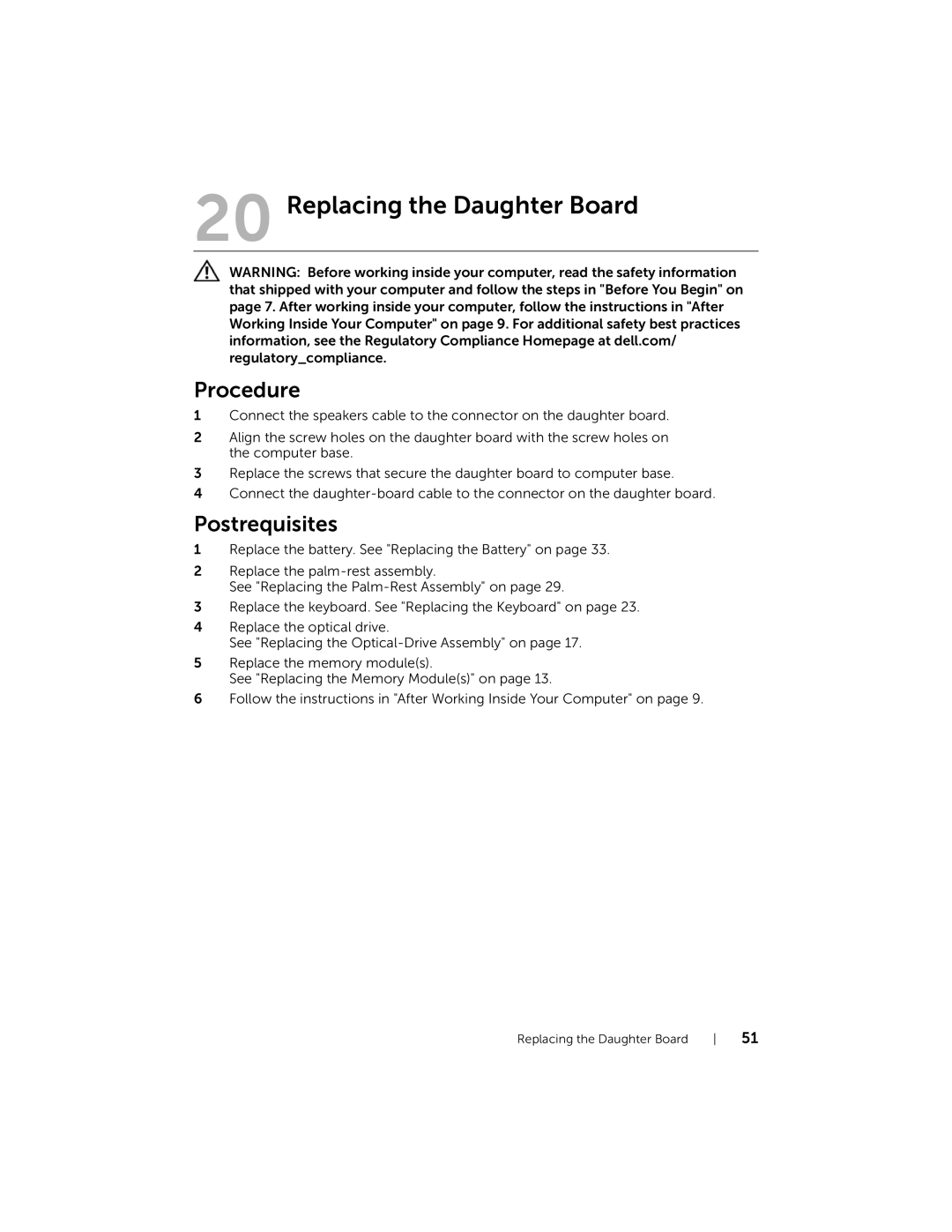 Dell 5423 owner manual Replacing the Daughter Board 