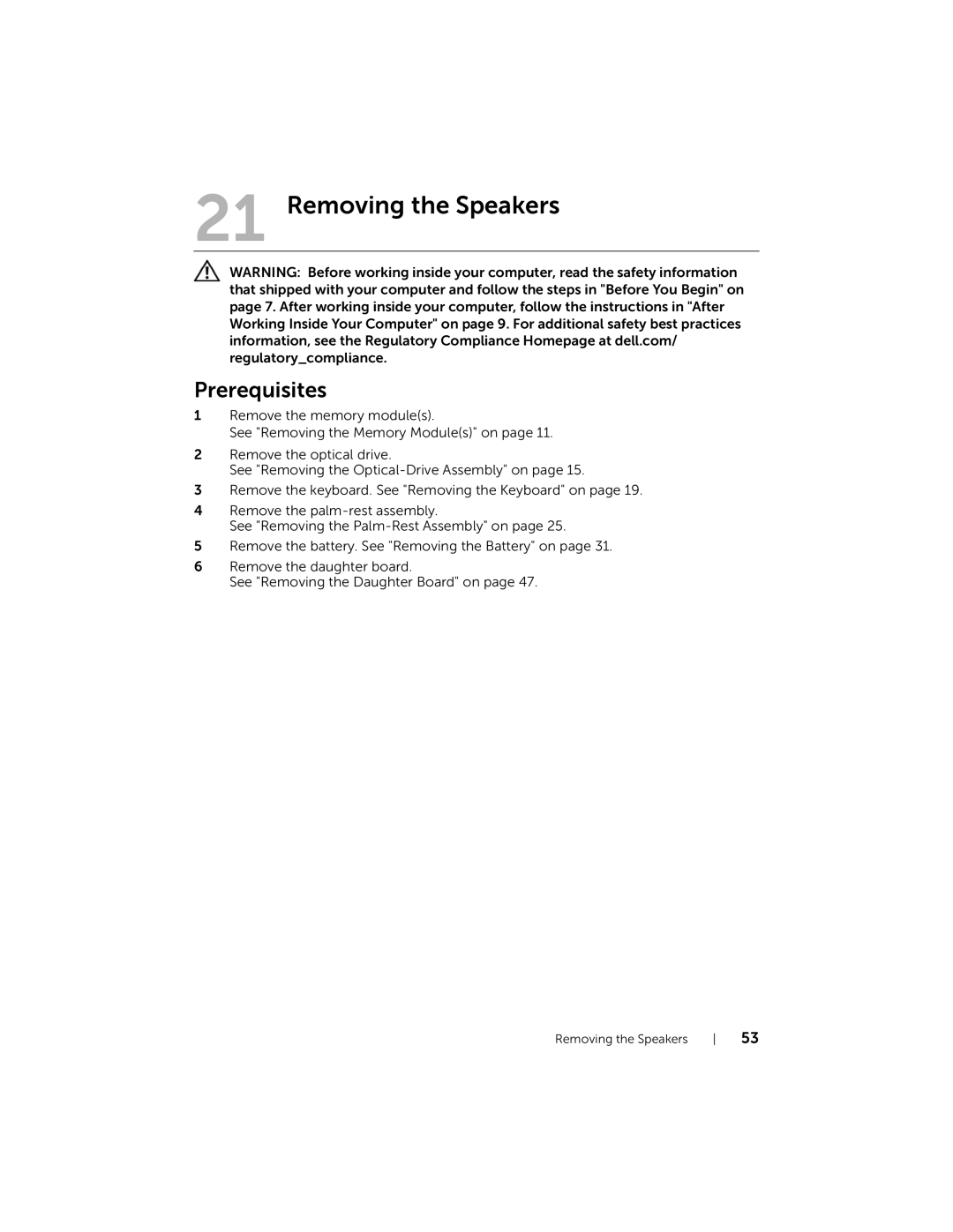 Dell 5423 owner manual Removing the Speakers 