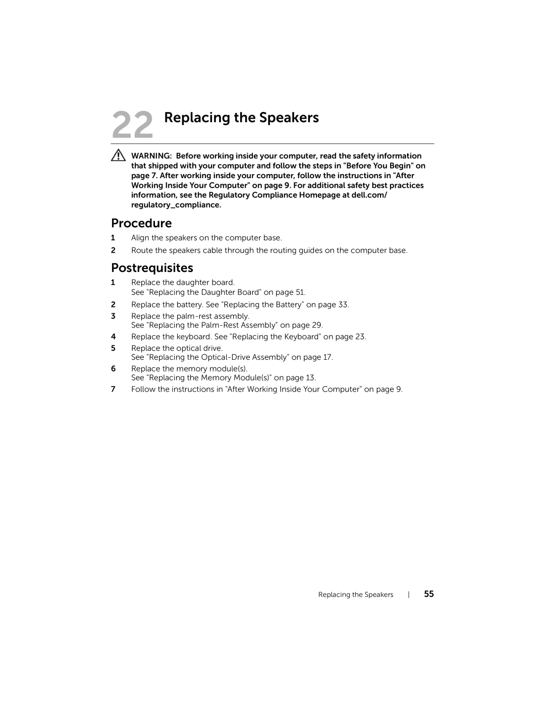 Dell 5423 owner manual Replacing the Speakers 