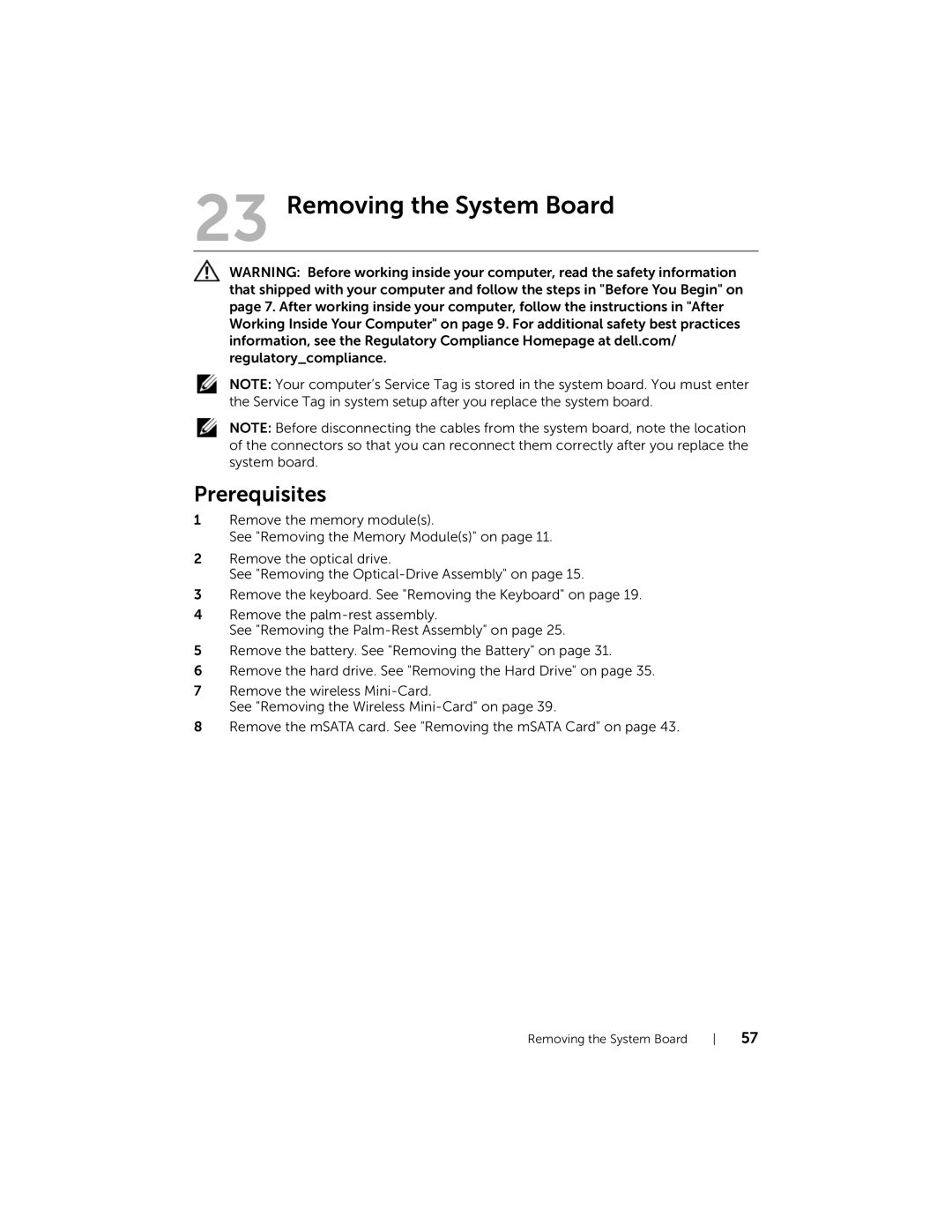 Dell 5423 owner manual Removing the System Board 