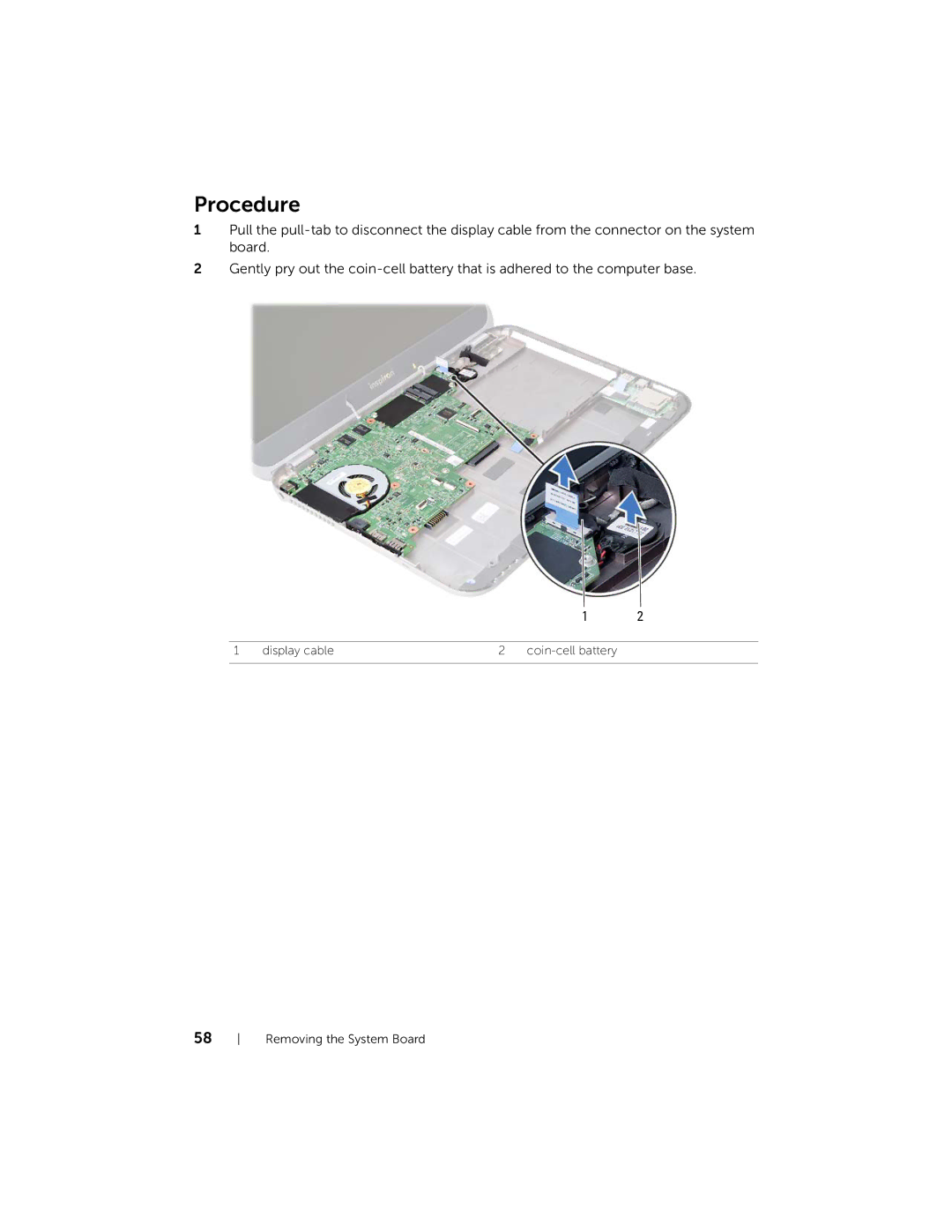 Dell 5423 owner manual Display cable Coin-cell battery Removing the System Board 