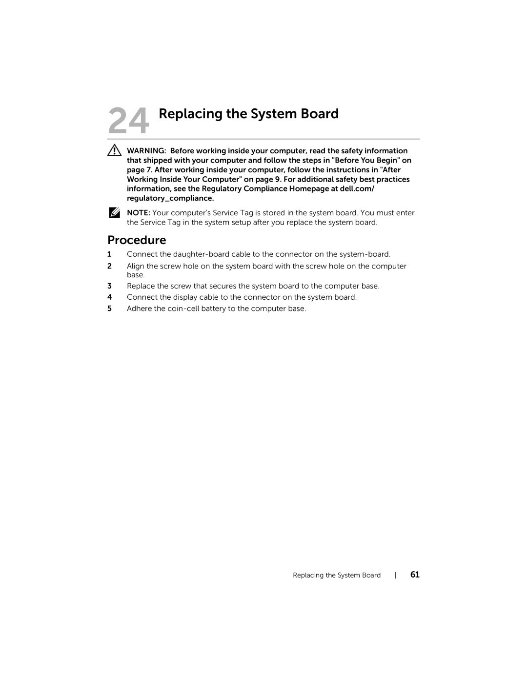 Dell 5423 owner manual Replacing the System Board 