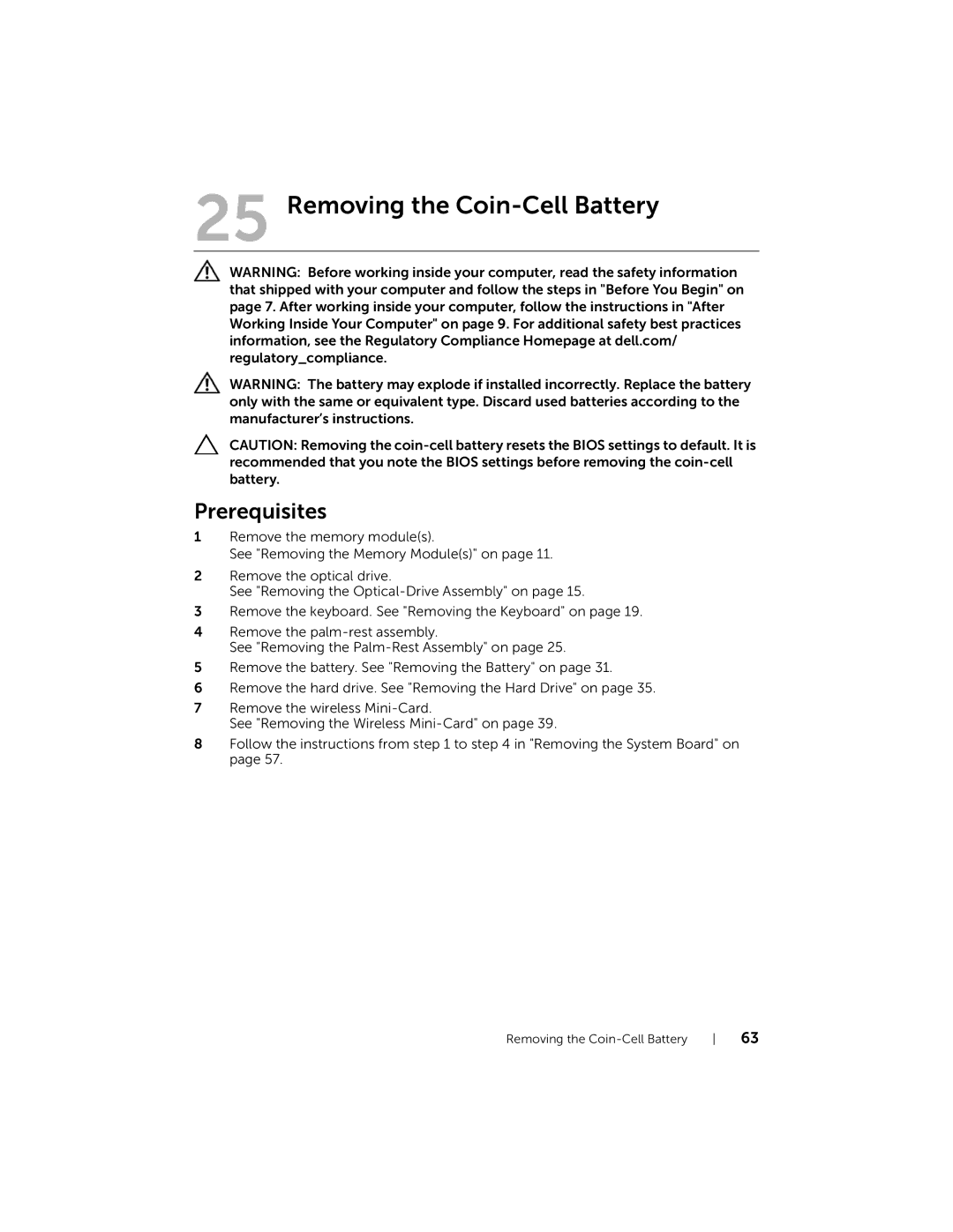 Dell 5423 owner manual Removing the Coin-Cell Battery 