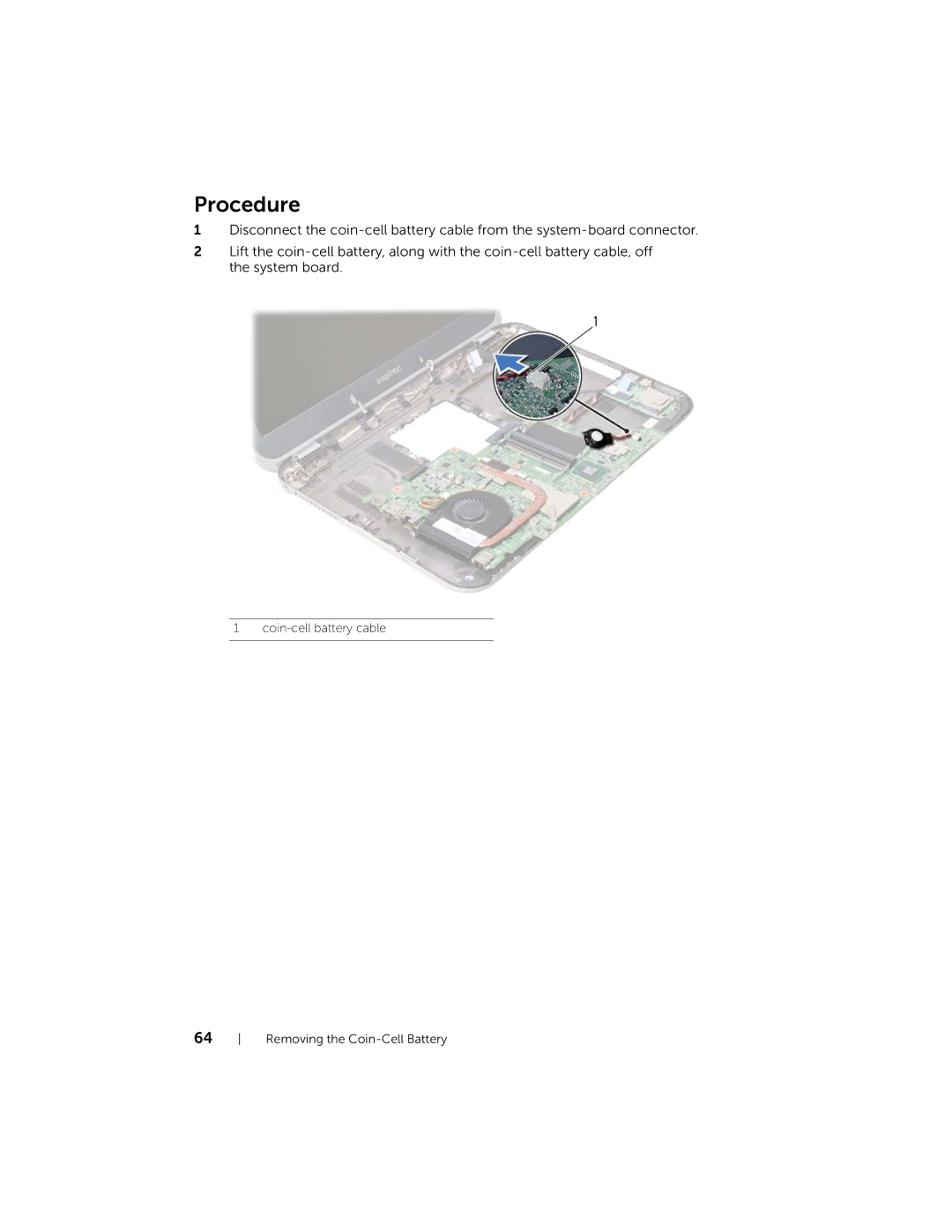 Dell 5423 owner manual Coin-cell battery cable Removing the Coin-Cell Battery 