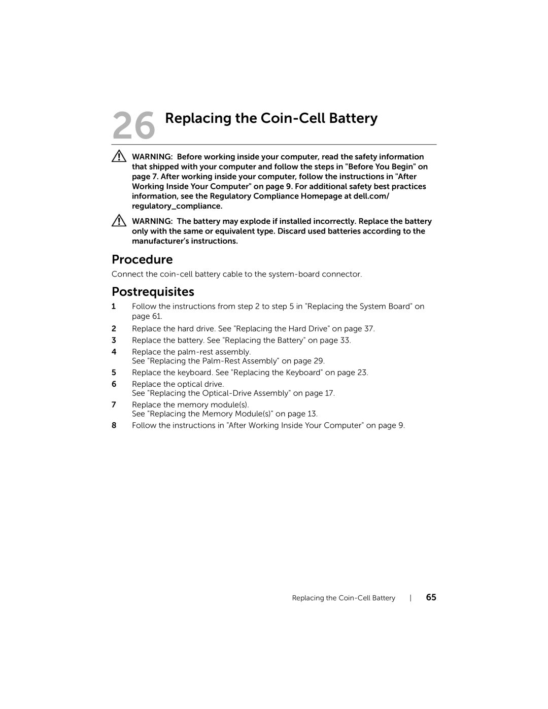 Dell 5423 owner manual Replacing the Coin-Cell Battery 