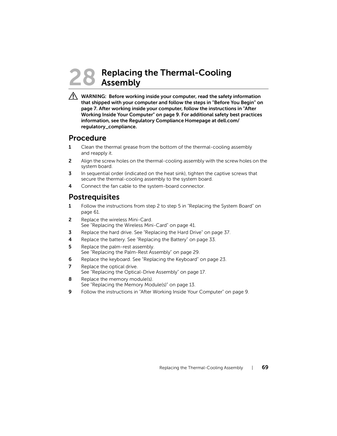 Dell 5423 owner manual Replacing the Thermal-Cooling Assembly 