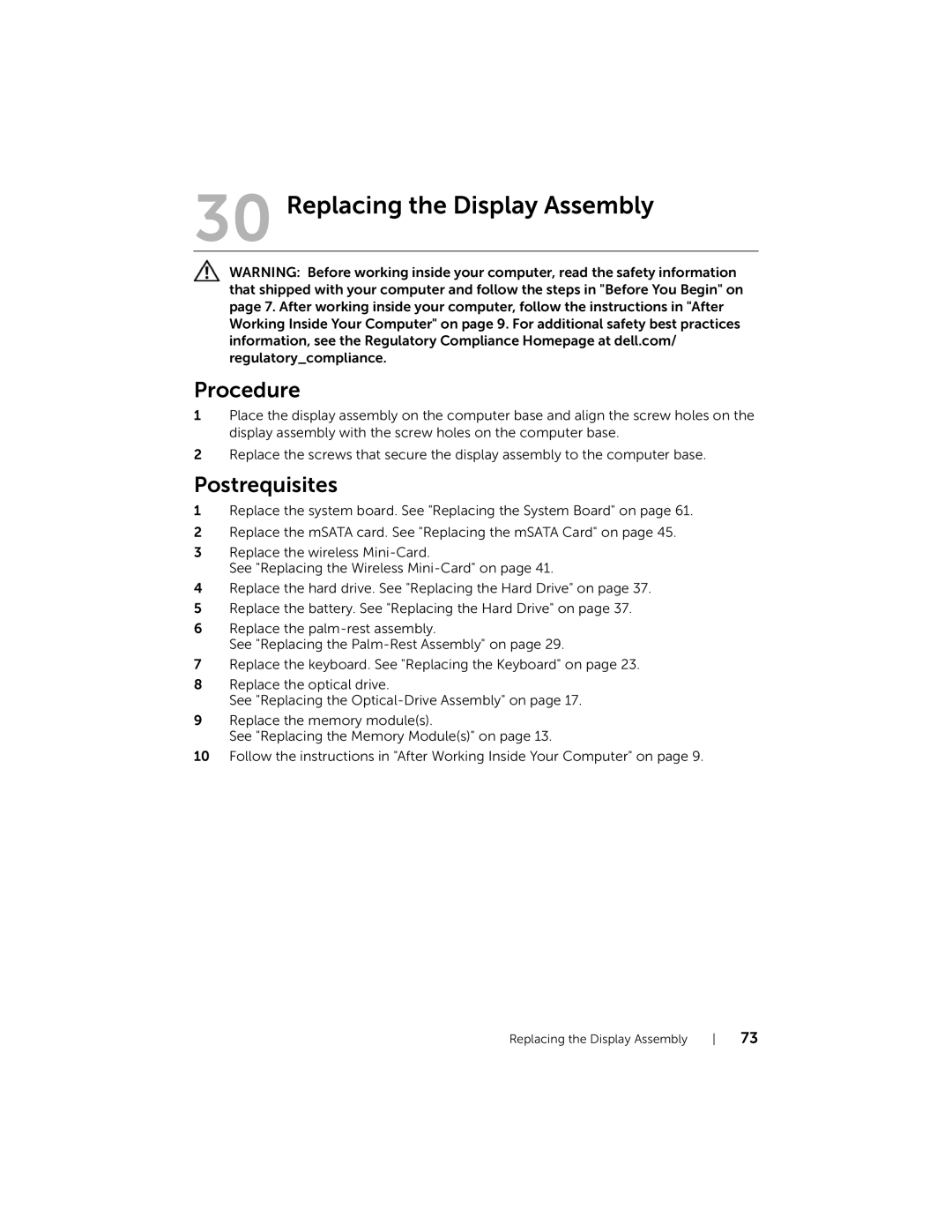 Dell 5423 owner manual Replacing the Display Assembly 