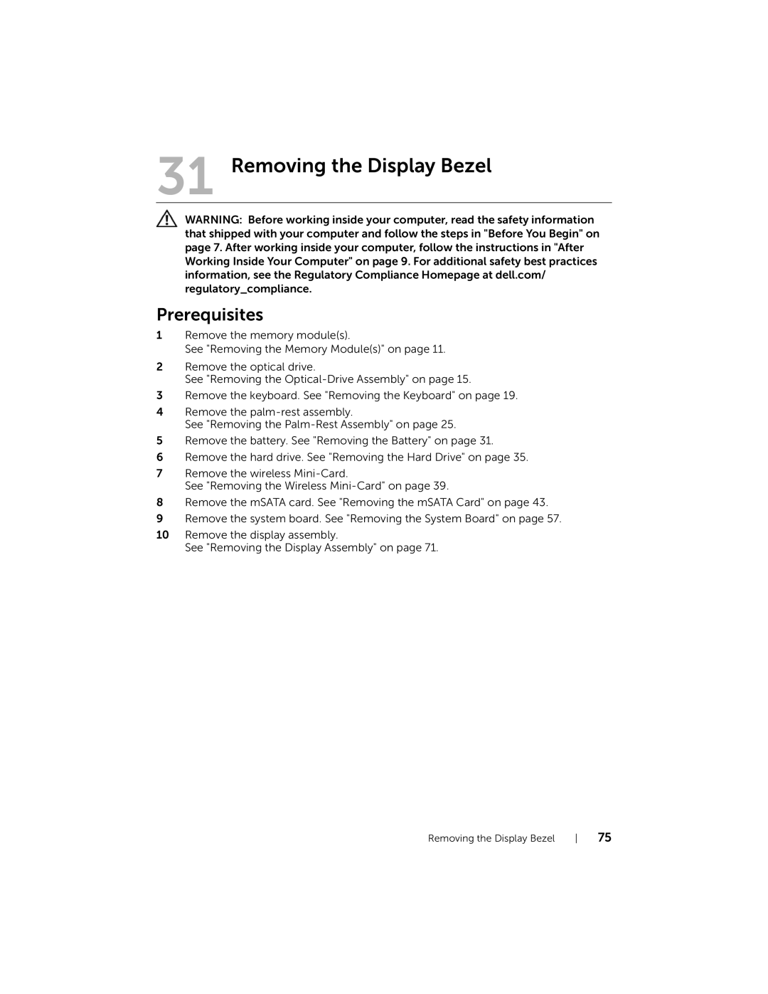 Dell 5423 owner manual Removing the Display Bezel 