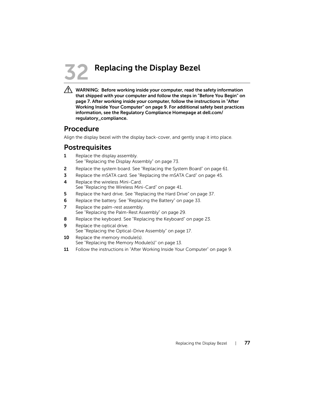 Dell 5423 owner manual Replacing the Display Bezel 