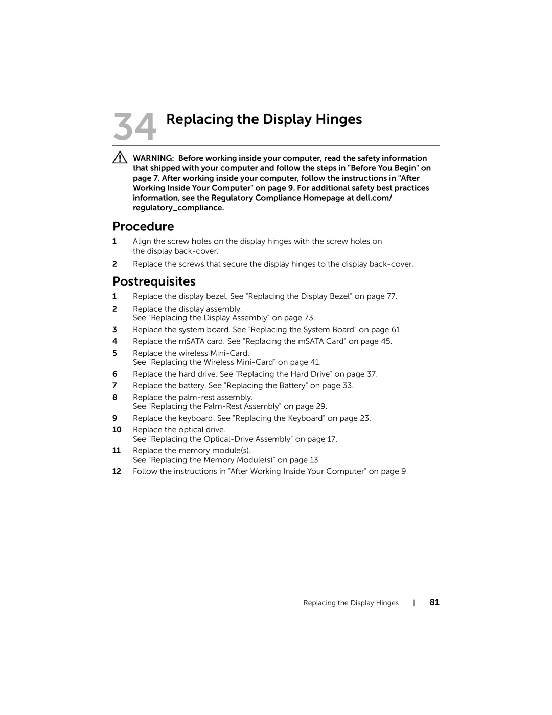 Dell 5423 owner manual Replacing the Display Hinges 