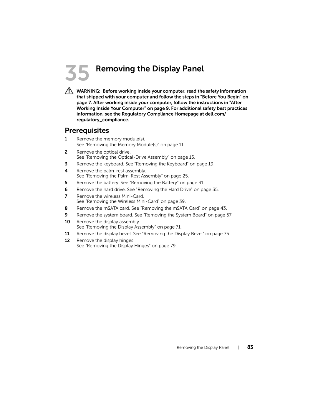 Dell 5423 owner manual Removing the Display Panel 