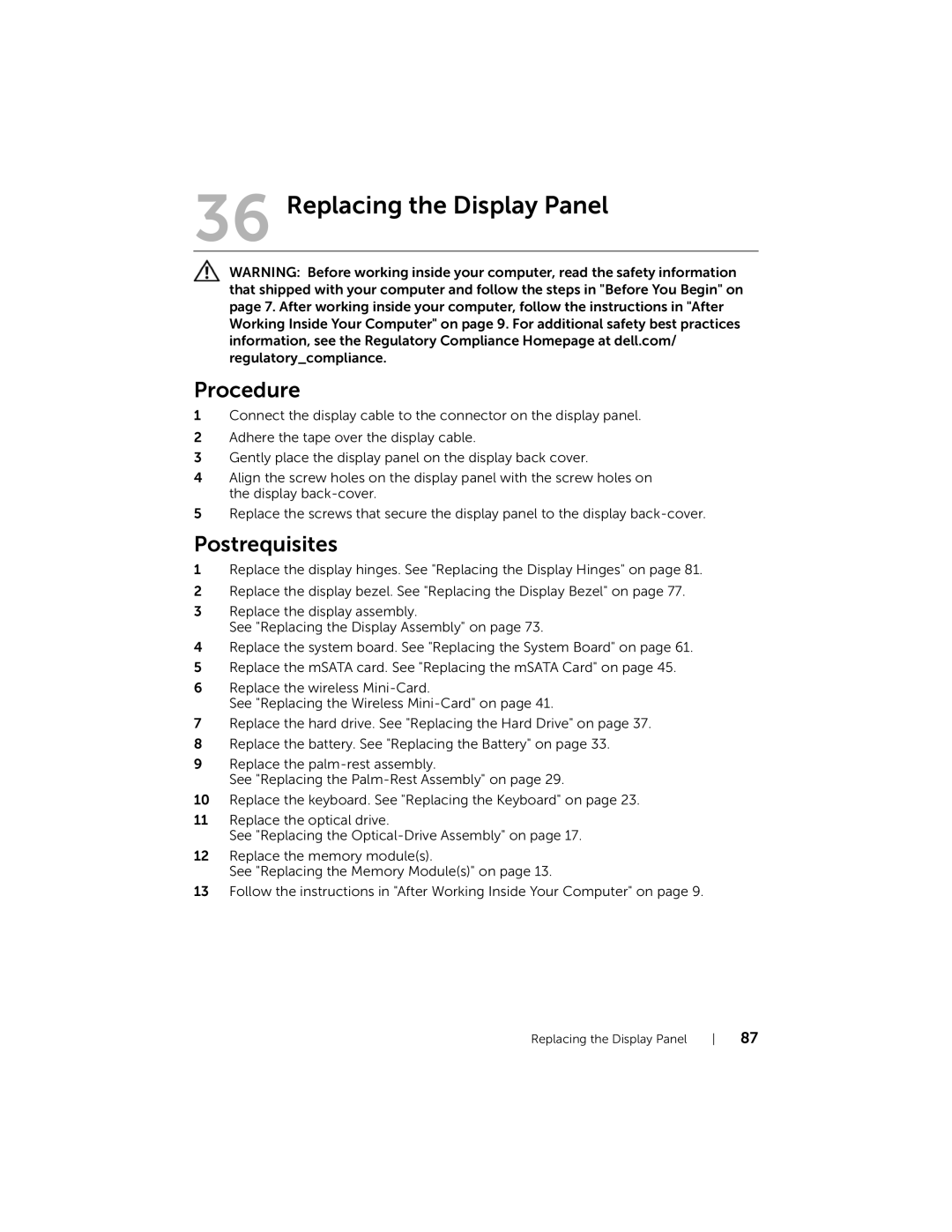 Dell 5423 owner manual Replacing the Display Panel 