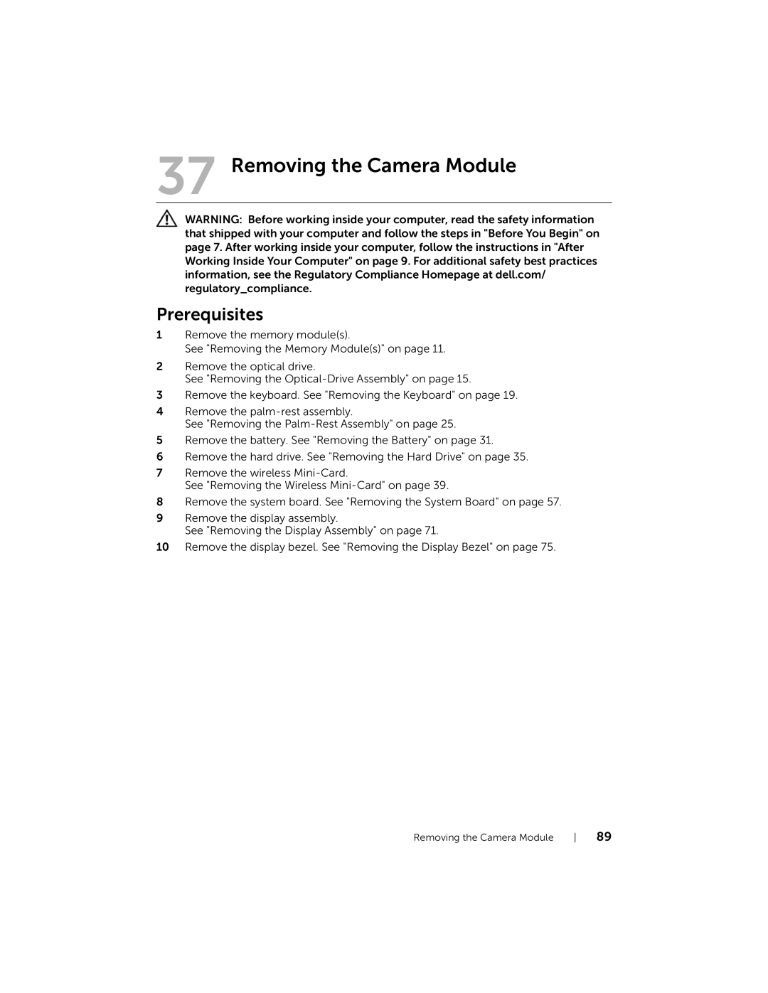 Dell 5423 owner manual Removing the Camera Module 