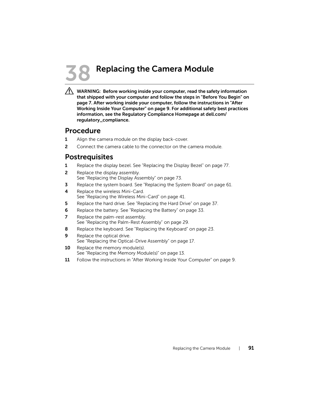 Dell 5423 owner manual Replacing the Camera Module 