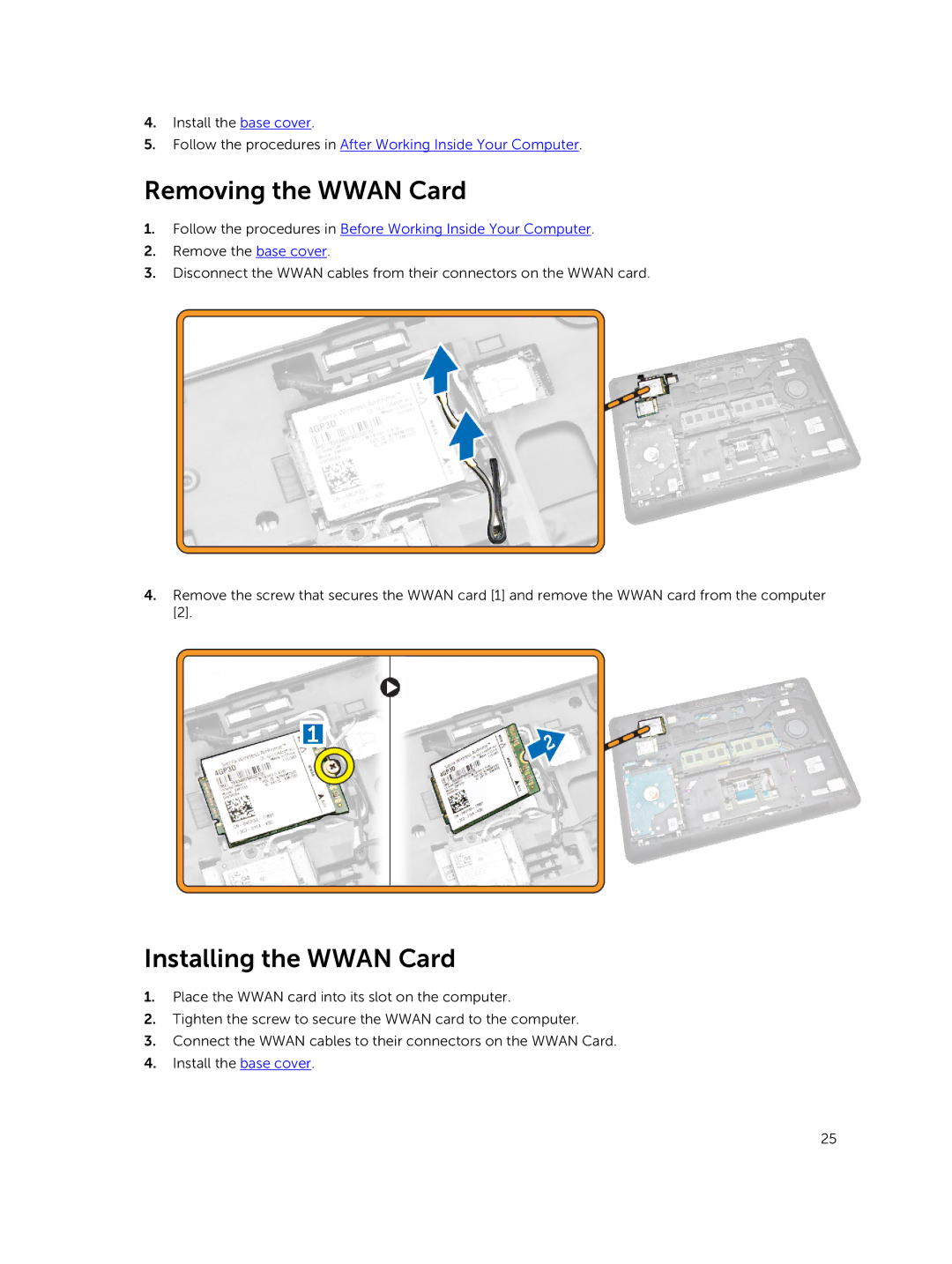 Dell E5450 owner manual Removing the Wwan Card, Installing the Wwan Card 