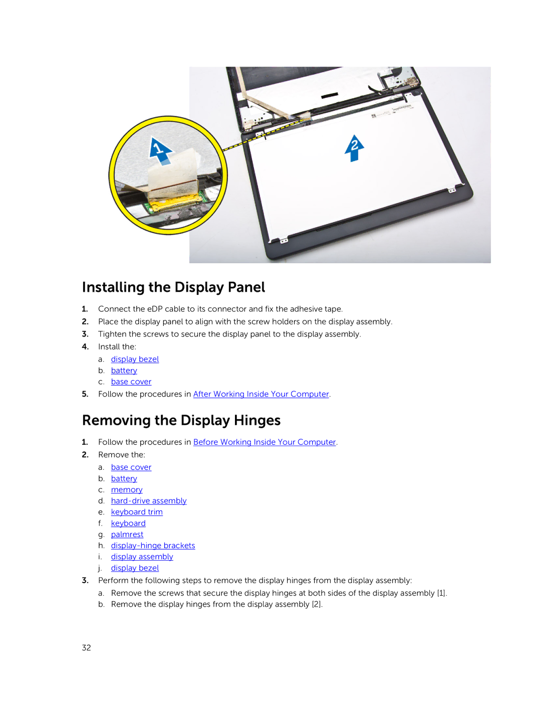 Dell E5450 owner manual Installing the Display Panel, Removing the Display Hinges 