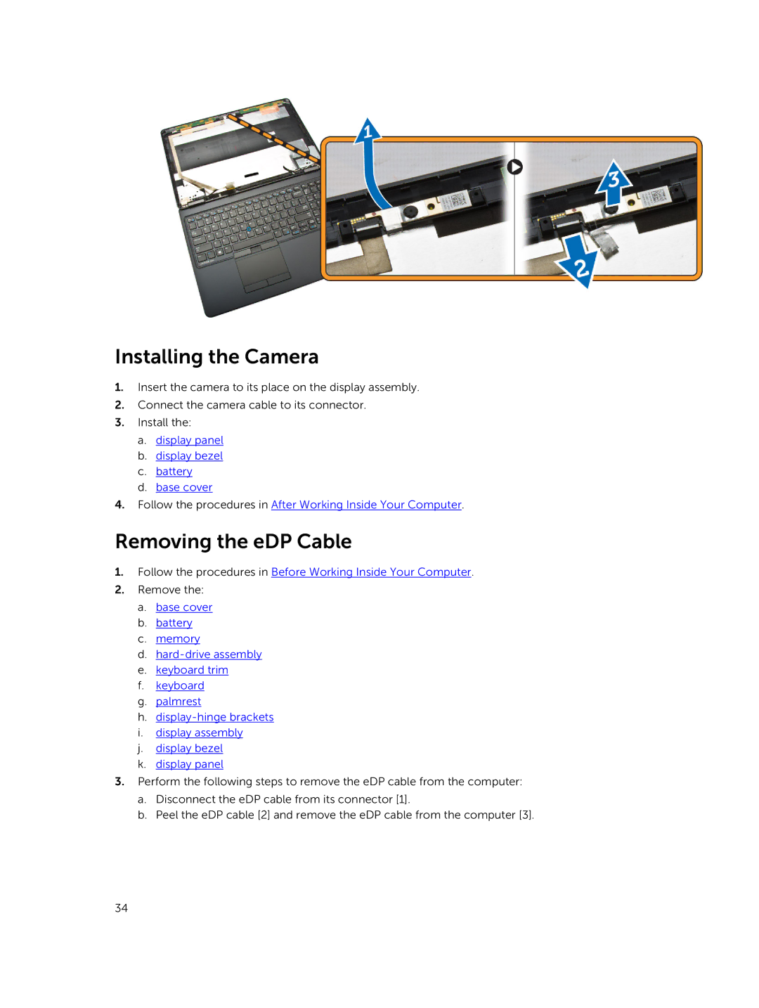 Dell E5450 owner manual Installing the Camera, Removing the eDP Cable 