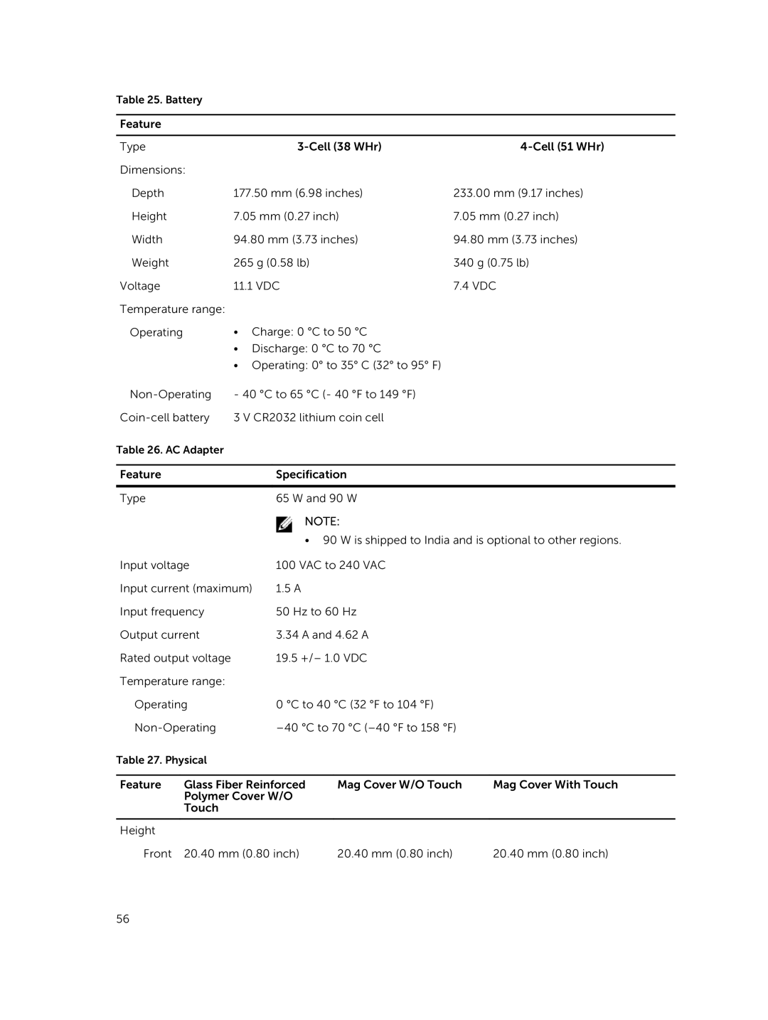 Dell E5450 owner manual Battery 