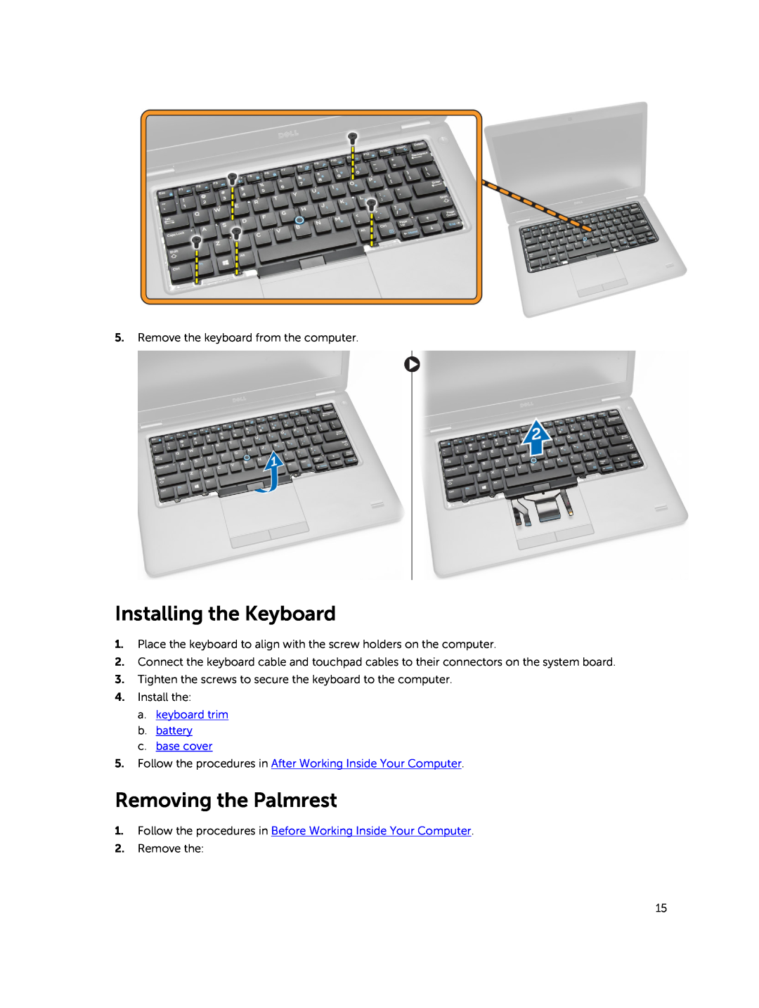 Dell E5450 owner manual Installing the Keyboard, Removing the Palmrest 
