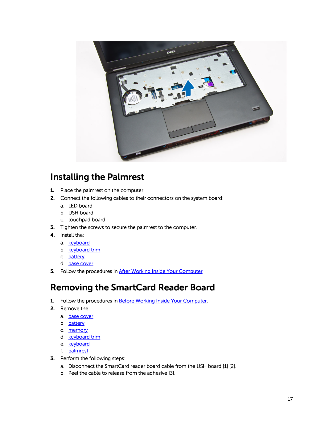Dell E5450 owner manual Installing the Palmrest, Removing the SmartCard Reader Board 
