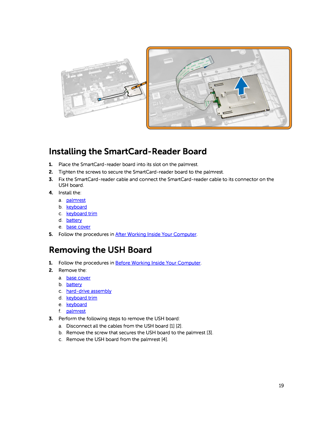 Dell E5450 owner manual Installing the SmartCard-Reader Board, Removing the USH Board 