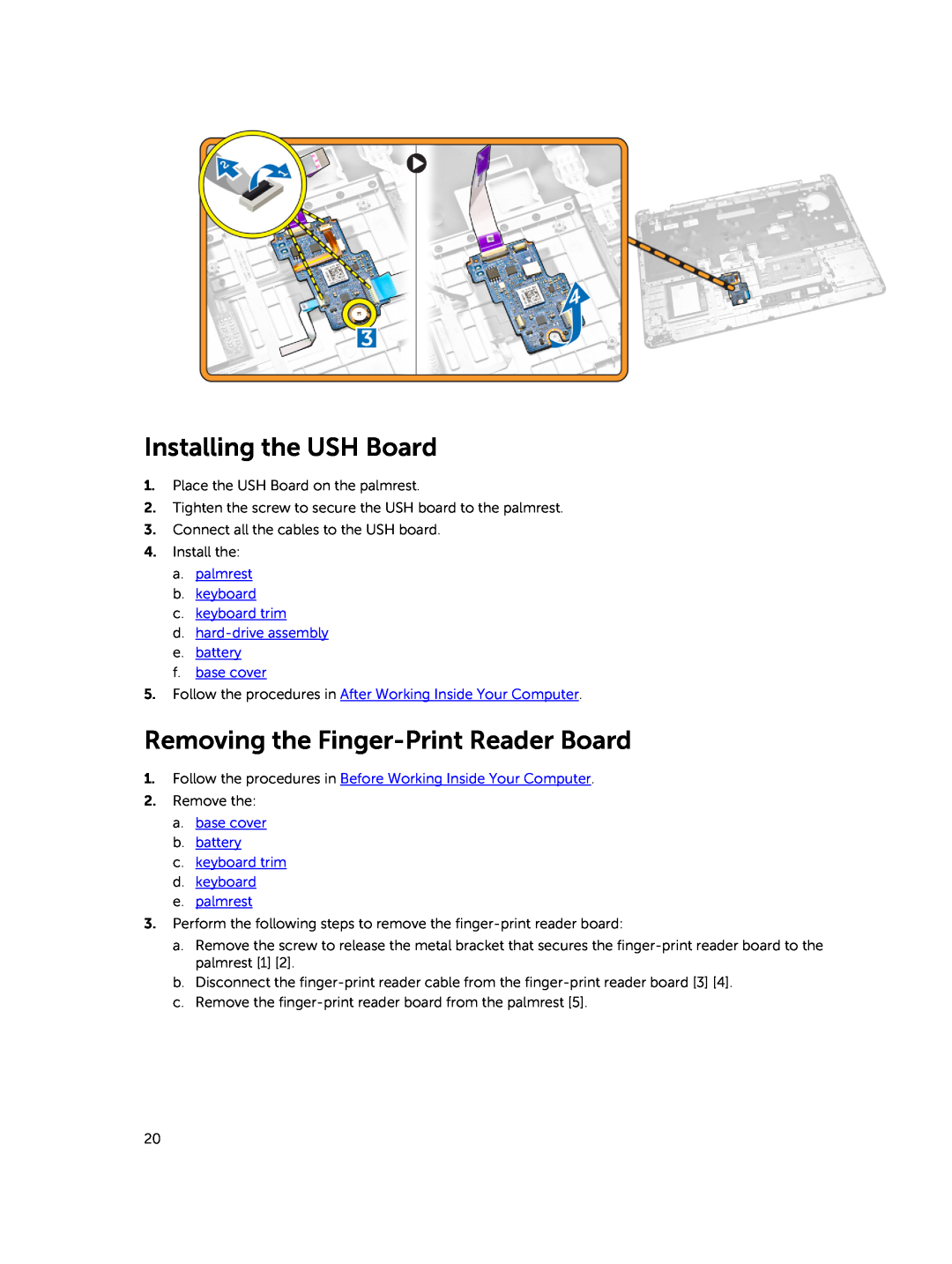 Dell E5450 owner manual Installing the USH Board, Removing the Finger-Print Reader Board 