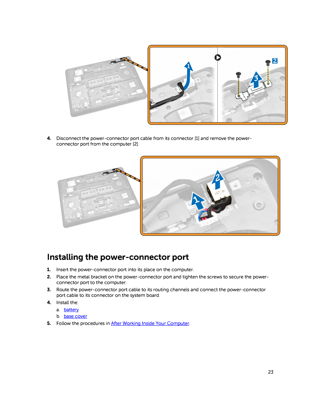 Dell E5450 owner manual Installing the power-connector port 