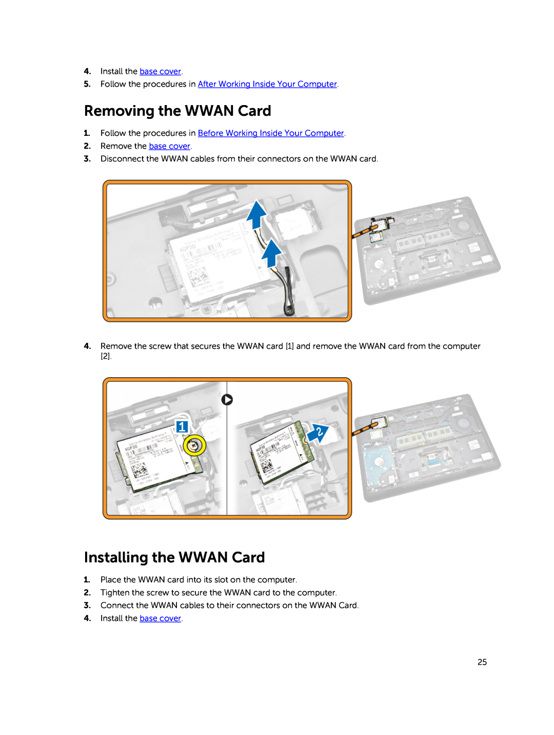 Dell E5450 owner manual Removing the WWAN Card, Installing the WWAN Card 