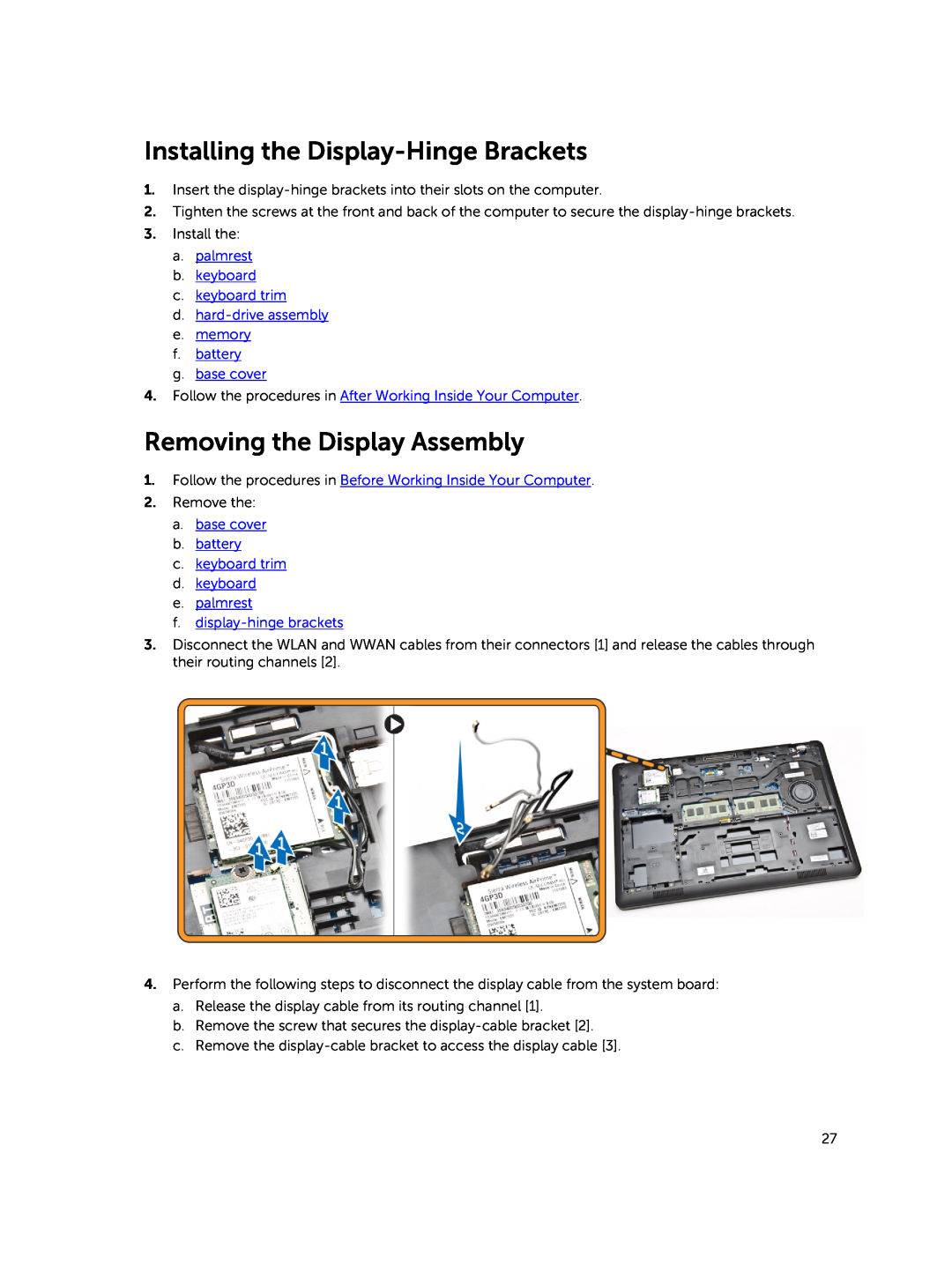 Dell E5450 owner manual Installing the Display-Hinge Brackets, Removing the Display Assembly 