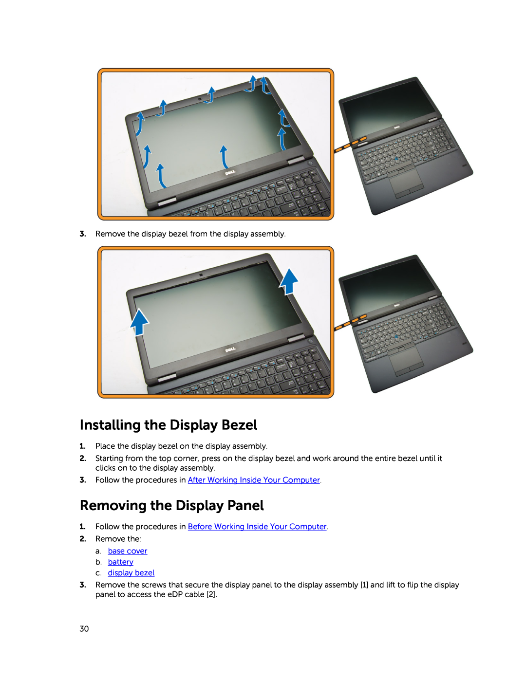 Dell E5450 owner manual Installing the Display Bezel, Removing the Display Panel 