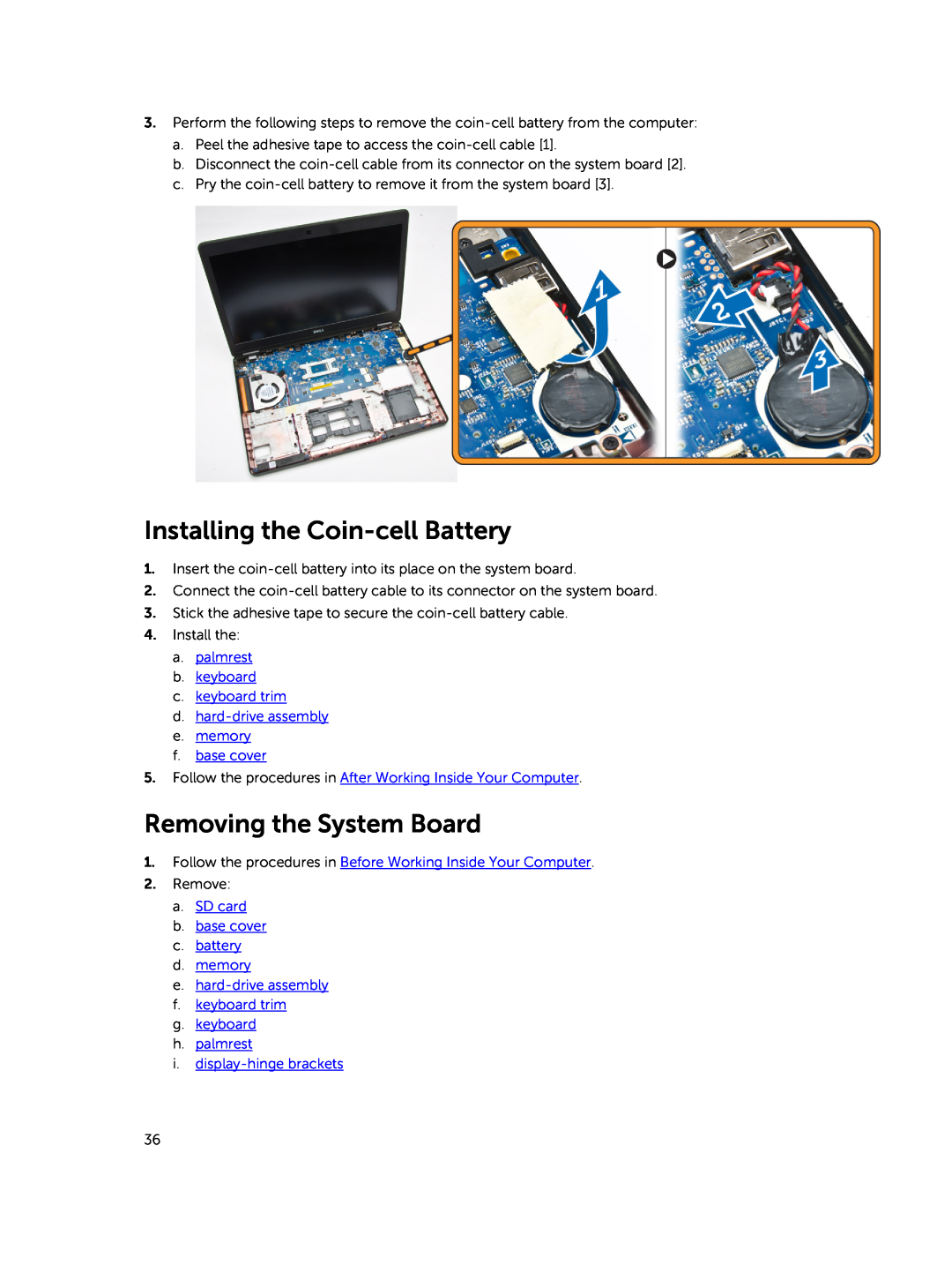 Dell E5450 owner manual Installing the Coin-cell Battery, Removing the System Board 