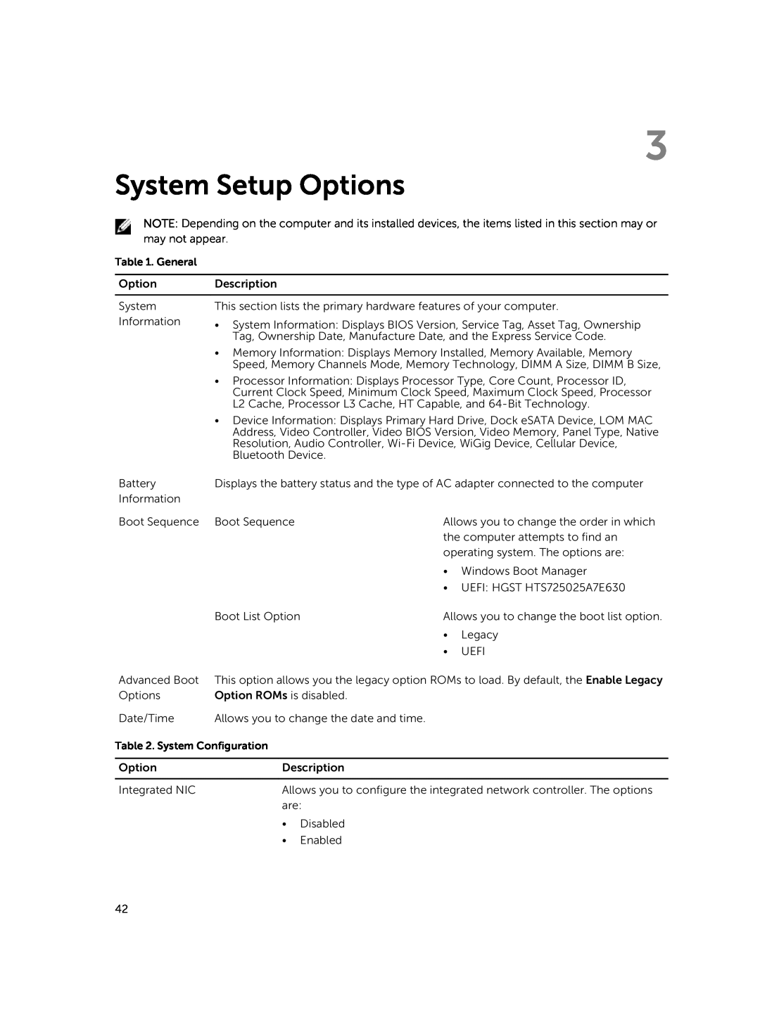 Dell E5450 owner manual System Setup Options, General, System Configuration 