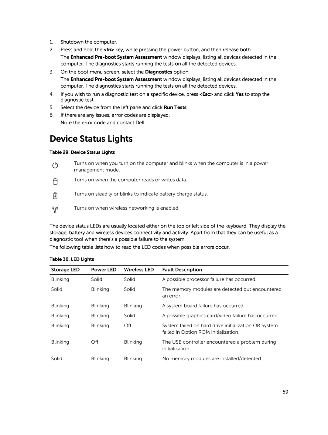 Dell E5450 owner manual Device Status Lights, LED Lights 