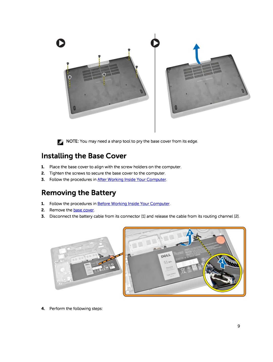 Dell E5450 owner manual Installing the Base Cover, Removing the Battery 