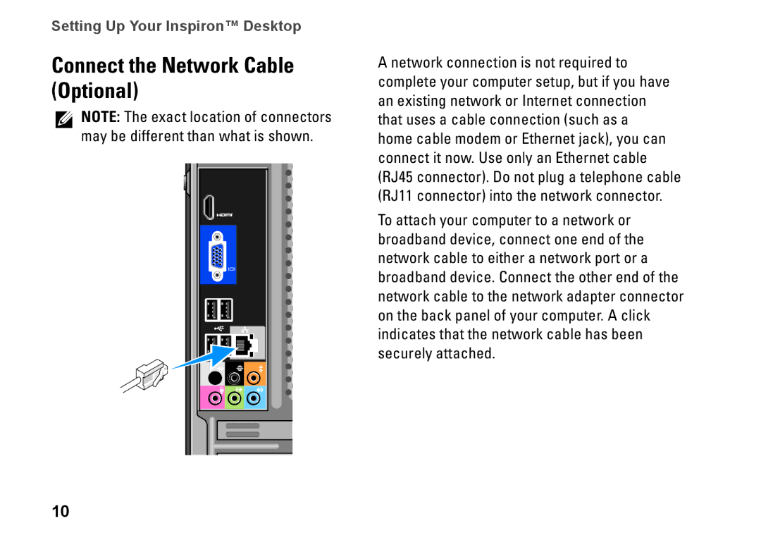 Dell 535s, 545s, 537s, 546s, F957N setup guide Connect the Network Cable Optional 