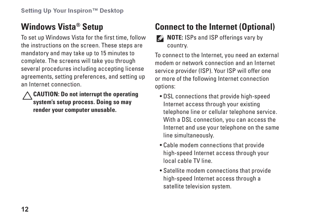 Dell F957N, 545s, 537s, 535s, 546s setup guide Windows Vista Setup, Connect to the Internet Optional 