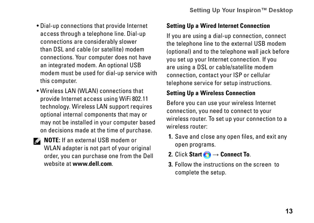 Dell 545s, 537s, 535s Setting Up a Wired Internet Connection, Setting Up a Wireless Connection, Click Start → Connect To 